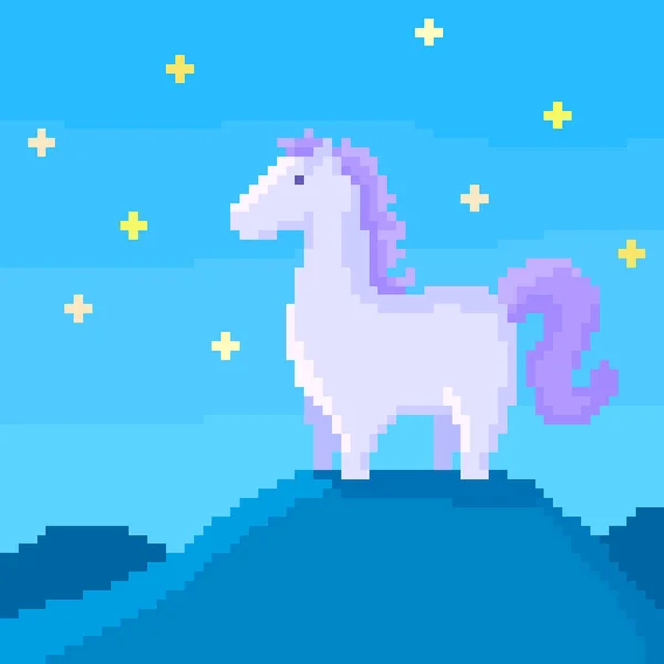 Pixel Horse Hill Starry Night Bit Vector Illustration — Stock Vector