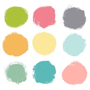 Renkli grunge daireler kümesi. Sanatsal tasarım öğeleri. Boş çok renkli arka planlar, metin veya teklif için çerçeveler.