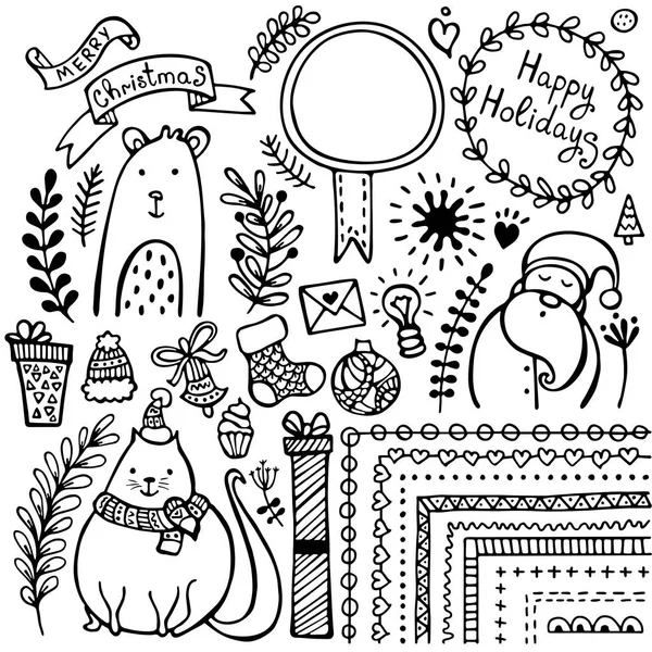 Set Cute Hand Drawn Christmas New Year Winters Elements Isolated — Stock Vector