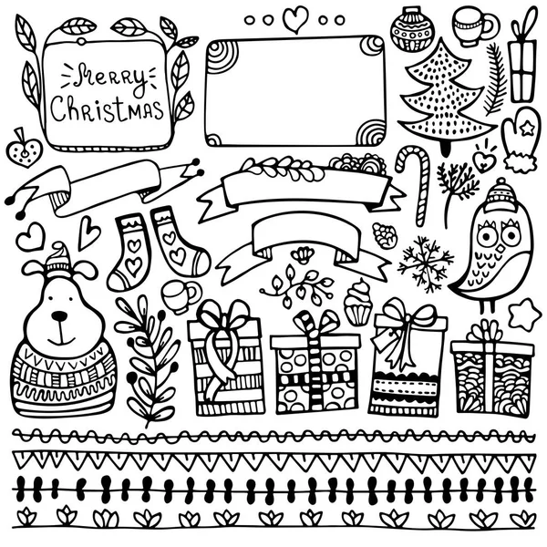 Set Cute Hand Drawn Christmas New Year Winters Elements Isolated — Stock Vector