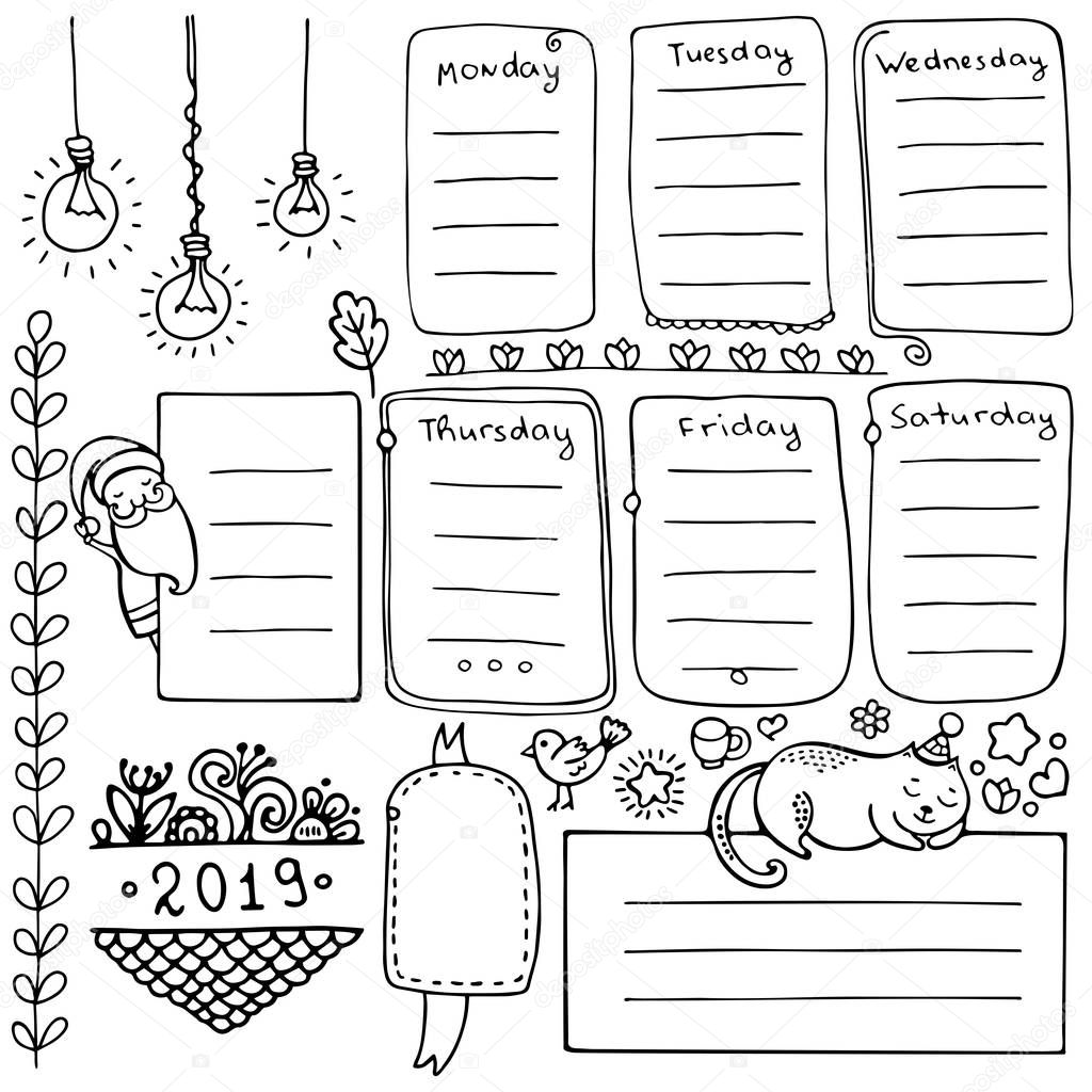 Bullet journal hand drawn vector elements for notebook, diary and planner. Set of doodle frames, banners and floral and Christmas elements isolated on white background.