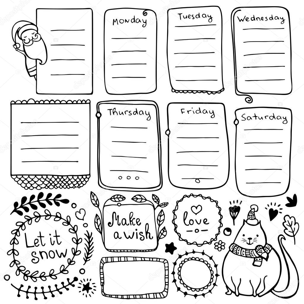 Bullet journal hand drawn vector elements for notebook, diary and planner. Set of doodle frames, banners and floral and Christmas elements isolated on white background.