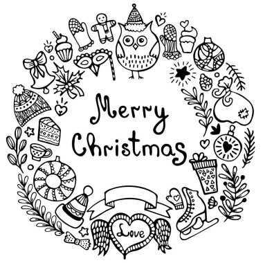 Öğeleri el ile Noel ve yılbaşı çelengi çizilmiş. Kış ve şenlikli doodle arka plan. Tebrik kartı. 