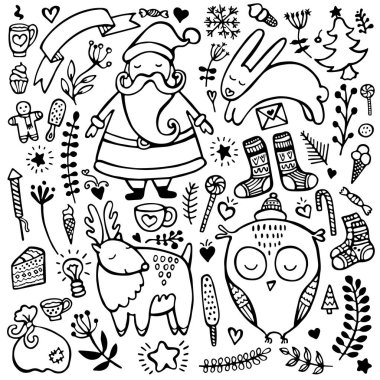 Şirin çizilmiş Noel, yeni yıl ve kışları öğeleri kümesi izole beyaz arka plan üzerinde. 