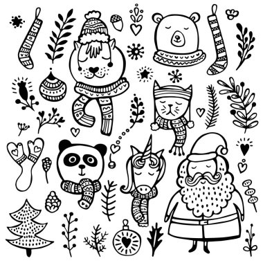 Şirin çizilmiş Noel, yeni yıl ve kışları öğeleri kümesi izole beyaz arka plan üzerinde. 