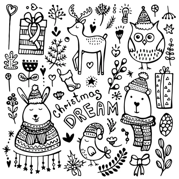 Set Cute Hand Drawn Christmas New Year Winters Elements Isolated — Stock Vector