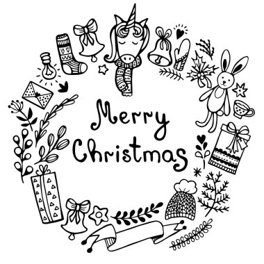 Öğeleri el ile Noel ve yılbaşı çelengi çizilmiş. Kış ve şenlikli doodle arka plan. Tebrik kartı. 