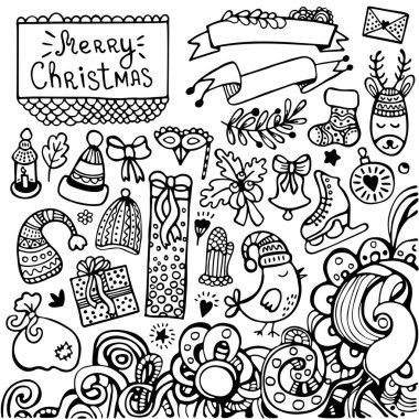 Şirin çizilmiş Noel, yeni yıl, kış ve beyaz arka plan üzerinde izole çiçek öğeleri kümesi. Doodle vektör toplama.