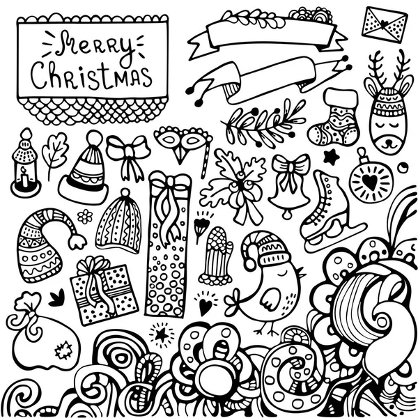 Set Cute Hand Drawn Christmas New Year Winter Floral Elements — Stock Vector