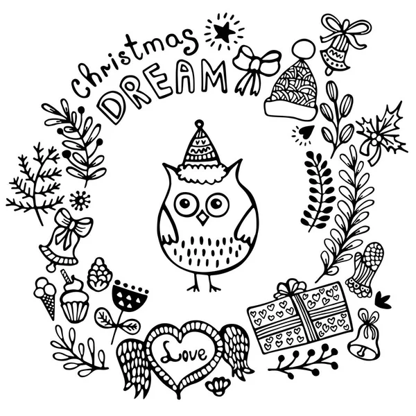 Christmas New Year Wreath Hand Drawn Elements Winter Festive Doodle — Stock Vector