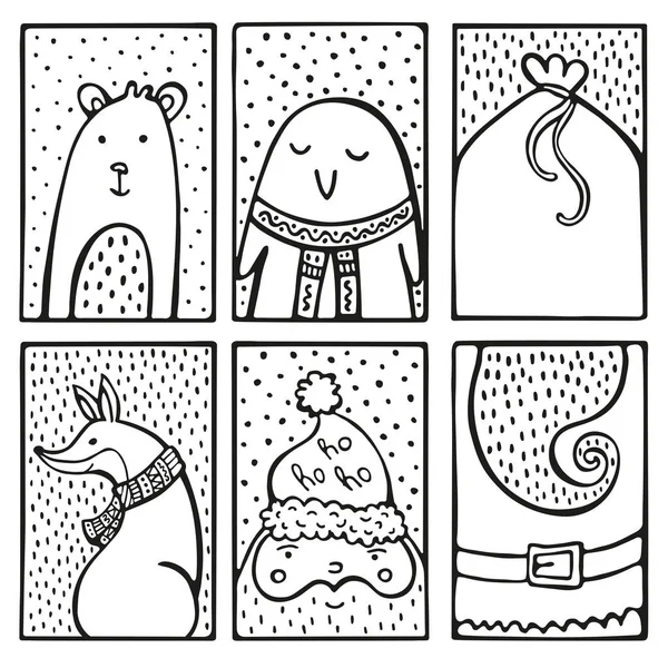 Набір Милий Doodle Різдвяна Листівка Ведмідь Fox Пінгвин Сумка Санта — стоковий вектор