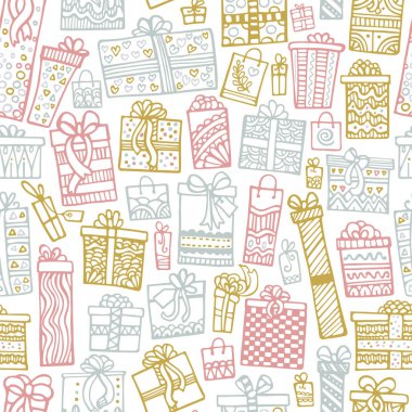 Beyaz bir arka planda hediyeler ile seamless modeli Noel ve yeni yıl için çizilmiş. Festival kağıt.