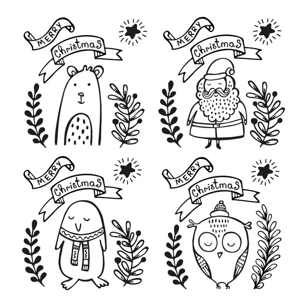 Zestaw Kart Pozdrowieniami Boże Narodzenie Santa Claus Niedźwiedź Pingwin Sowa — Wektor stockowy