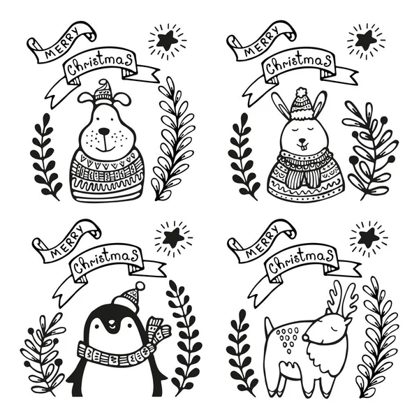 Набор Рождественских Открыток Животными Собаками Кроликами Пингвинами Оленями Шляпах Свитерах — стоковый вектор