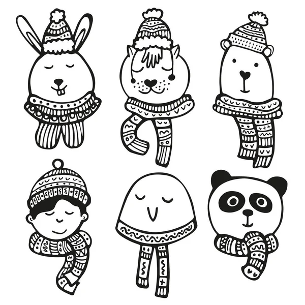 Personaggi Carini Invernali Vettoriali Disegnati Mano Con Ragazzo Animali Cappelli — Vettoriale Stock
