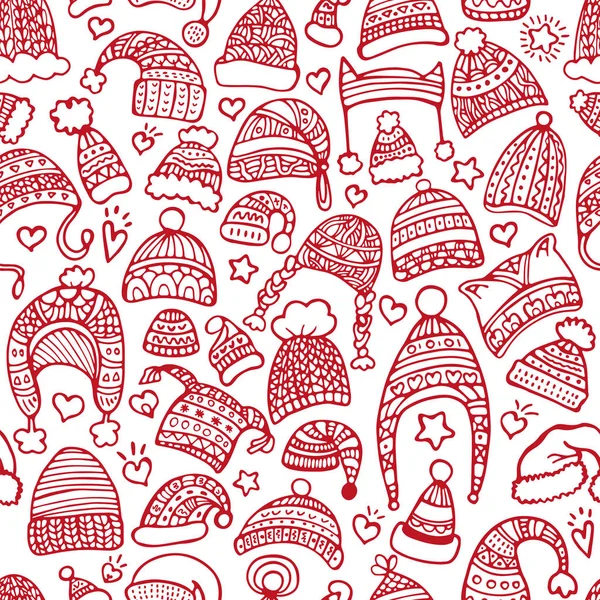 Hand Drawn Seamless Pattern Christmas New Year White Background Hats — Stock Vector