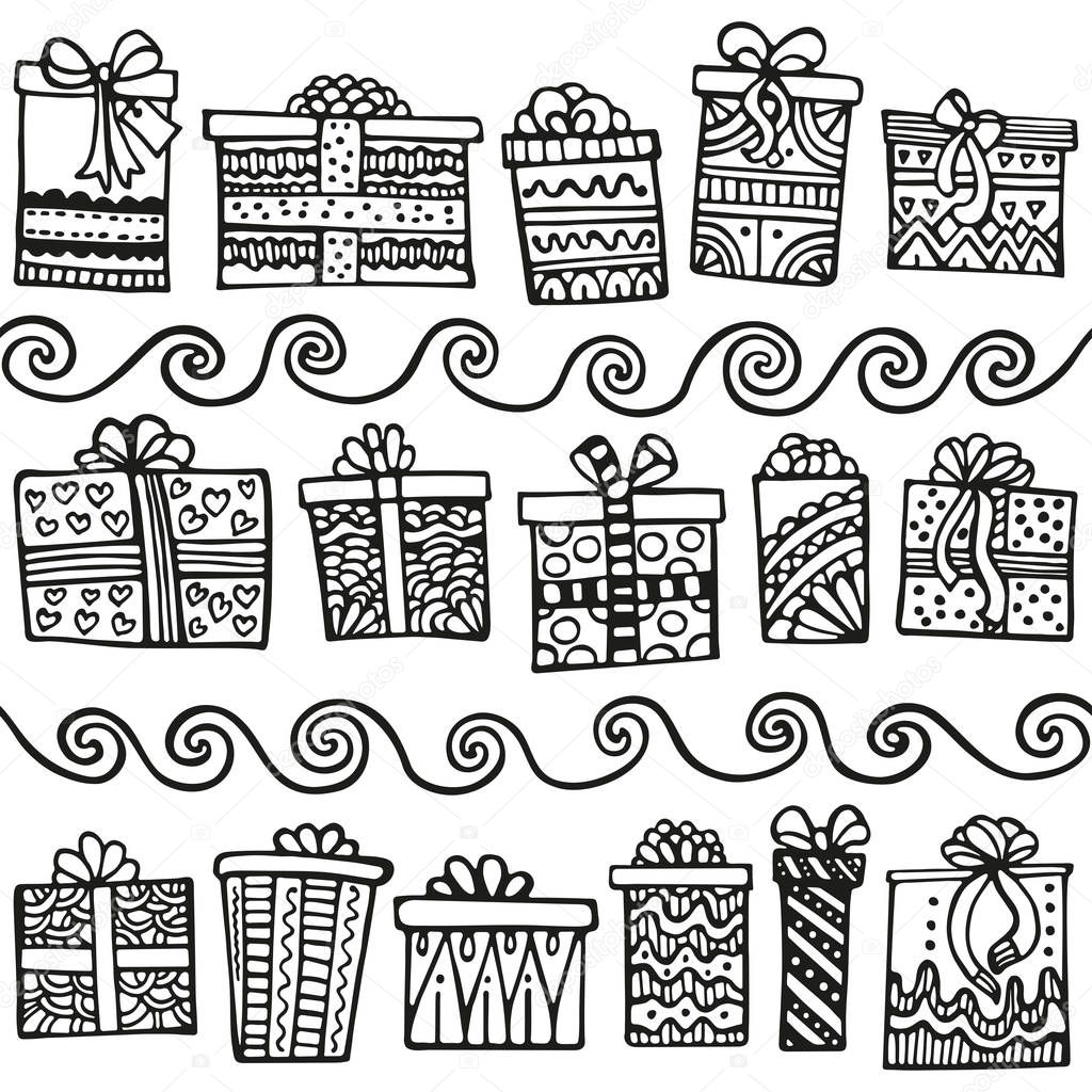 Hand-drawn seamless pattern for Christmas, New Year or birthday on a white background with gift boxes. Festive set.