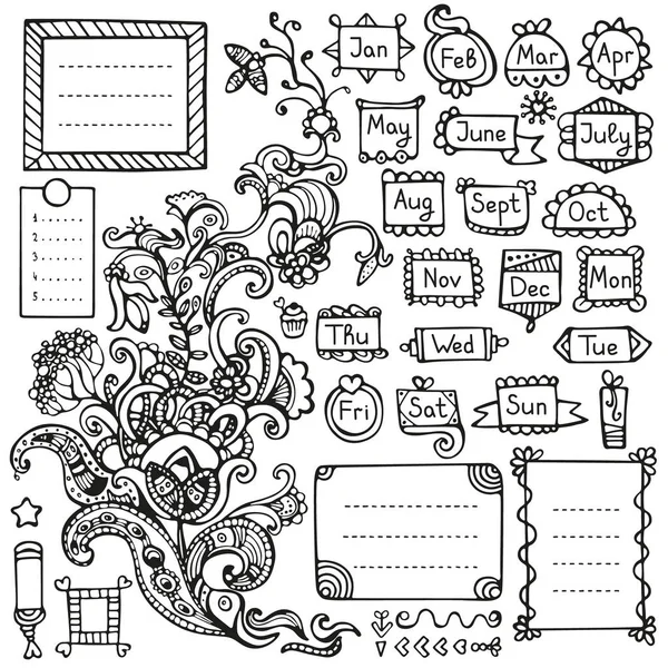 Diario Bala Dibujado Mano Elementos Vectoriales Para Cuaderno Diario Planificador — Vector de stock