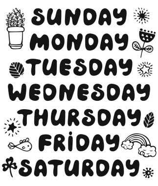 El vektör hafta içi ve öğeleri için defter, günlüğü, takvim, zamanlama, etiket, kurşun günlük ve planlayıcısı çekilmiş. Beyaz arka plan üzerinde izole hafta kümesinin şirin doodle gün. Yuvarlak yazı tipi. Pazar, Pazartesi, Salı, Çarşamba, Perşembe, Cuma, 