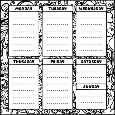 El çizimsiyah beyaz haftalık planlayıcı şablonu. 