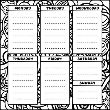 El çizimsiyah beyaz haftalık planlayıcı şablonu. 