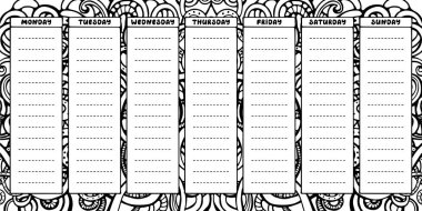 El çizimsiyah beyaz haftalık planlayıcı şablonu. 