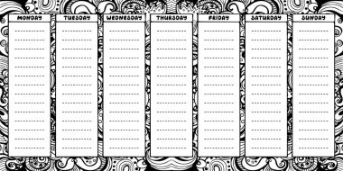 El çizimsiyah beyaz haftalık planlayıcı şablonu. 