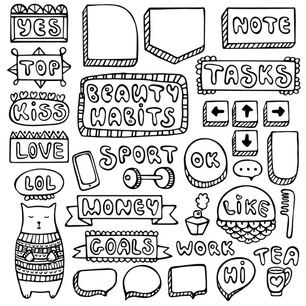 Set Cornici Doodle Nere Diario Proiettile Quaderno Diario Pianificatore Isolati — Vettoriale Stock