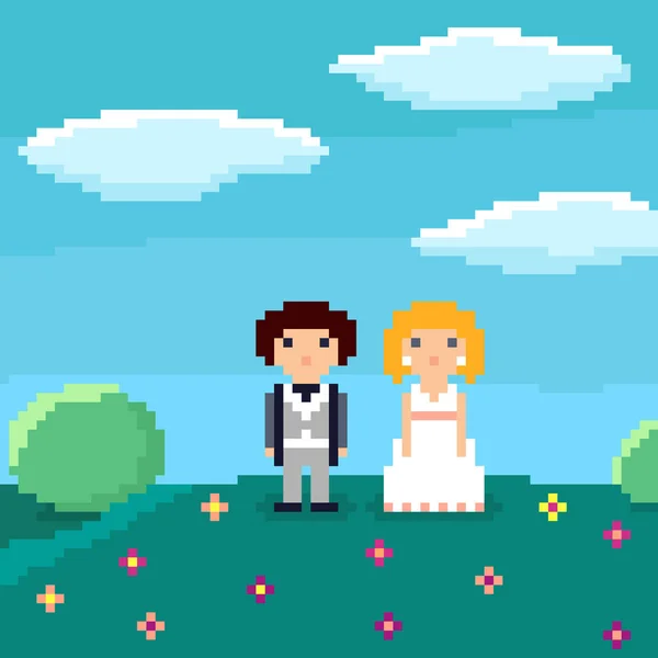 Pixel arte casamento casal personagens — Vetor de Stock