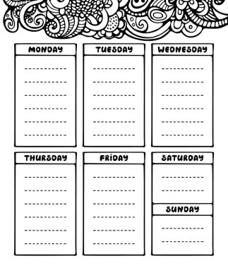 El çizimsiyah beyaz haftalık planlayıcı şablonu. 