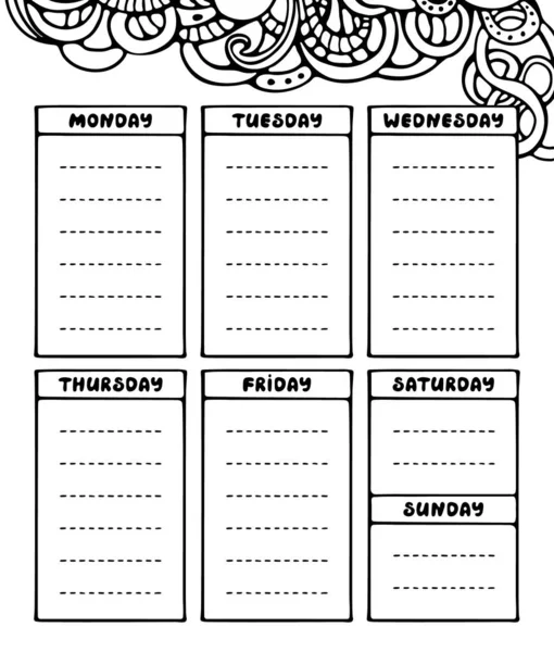 Hand drawing black and white weekly planner template. — Stock Vector