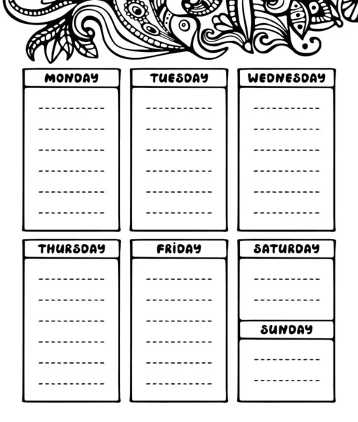 Modello settimanale di pianificatore in bianco e nero. Carino doodl — Vettoriale Stock