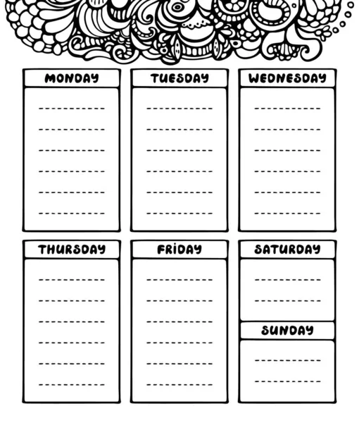 Handzeichnung schwarz-weiß Wochenplanervorlage. Niedliches Doodle — Stockvektor