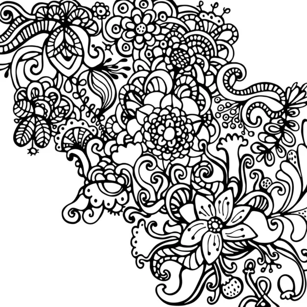 装飾的な手描き花の黒と白の背景. — ストックベクタ
