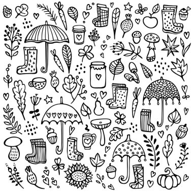 Şemsiye ve kauçuk çizmeler ile Sonbahar doodle siyah beyaz arka plan. 