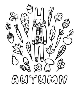 Sonbahar kartı. Yapraklar, mantarlar, havuçlar, meşe palamutları ve meyvelerle çevrili el örgüsü bir tavşan. Siyah ve beyaz karalama vektör çizimi.  