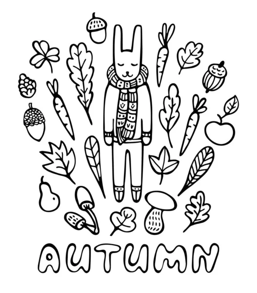 Autumn Card Hand Drawn Rabbit Wearing Knitted Scarf Surrounded Leaves — Stock Vector