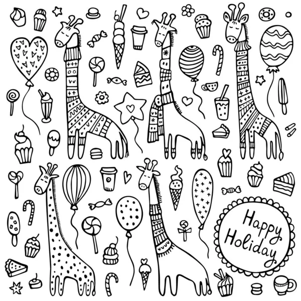 Un set di giraffe doodle con sciarpe lavorate a maglia e maglioni invernali caldi — Vettoriale Stock