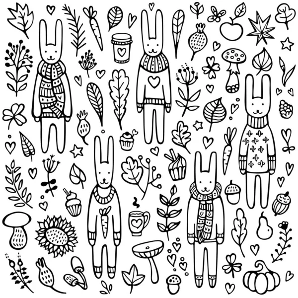 Набір каракулі кроликів з в'язаними шарфами і теплими зимовими светрами — стоковий вектор
