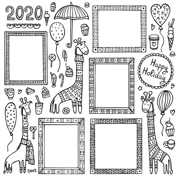 Set van zwarte doodle frames en giraffen met gebreide warme wintertruien — Stockvector