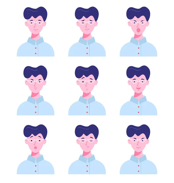 Conjunto Avatares Masculinos Com Emoções Diferentes Jovem Óculos Com Diferentes —  Vetores de Stock