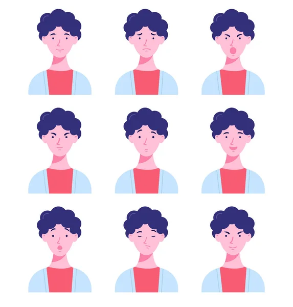 Conjunto Avatares Masculinos Com Emoções Diferentes Jovem Com Diferentes Expressões —  Vetores de Stock