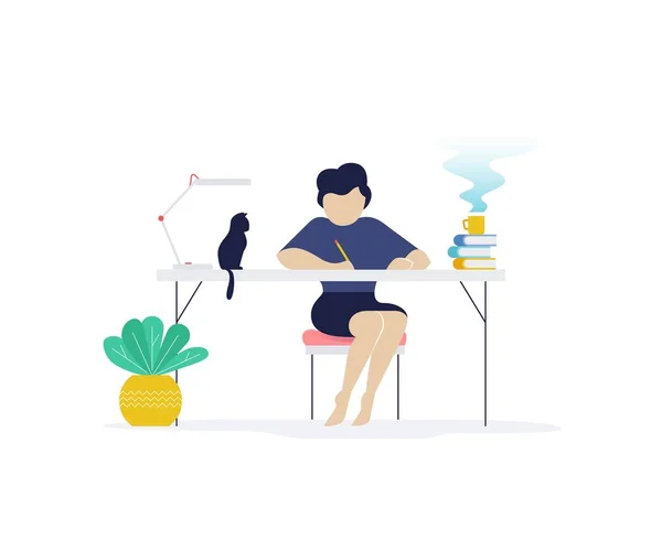 Eğitim veya evde kedi ile masada çalışan genç kadın düz Illustration. Serbest ve ev çalışma kavramı — Stok Vektör