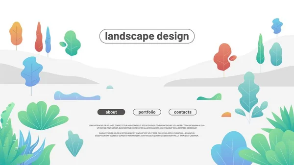 Moderno paesaggio pianeggiante con alberi e cespugli in pendenza. Forme curve semplici Grafiche Vettoriali