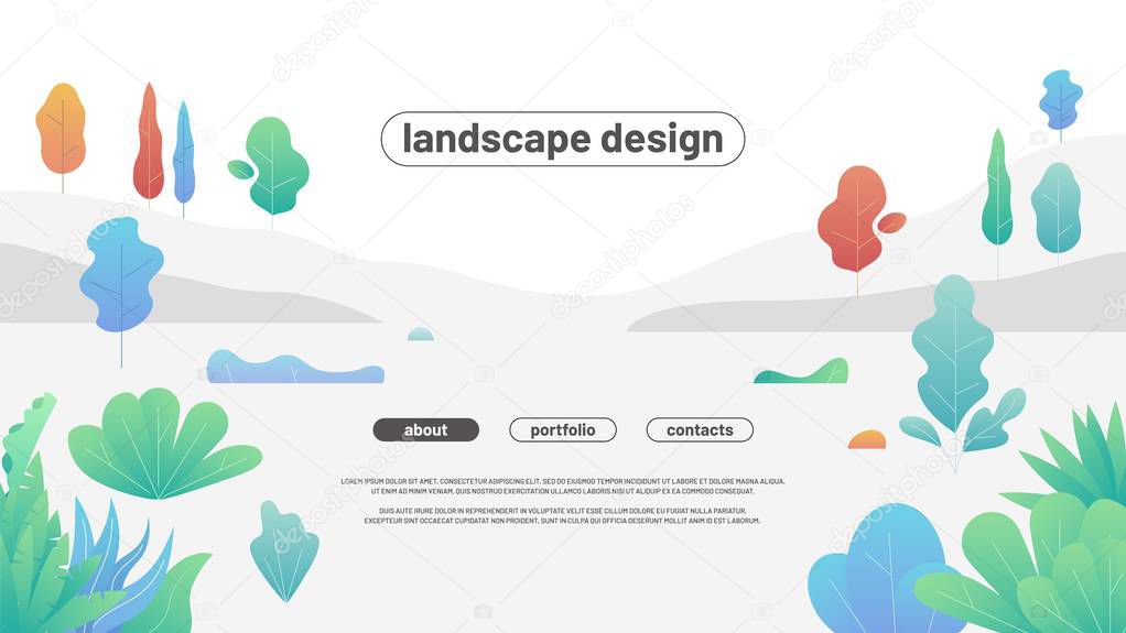 Modern flat landscape with gradient trees and bushes. Simple curved shapes