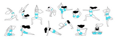 Kız yoga teşkil etmektedir. Aerobik streç fitness egzersiz, kadın vücut egzersiz rakam, sağlıklı ve esneklik vektör hat duruş