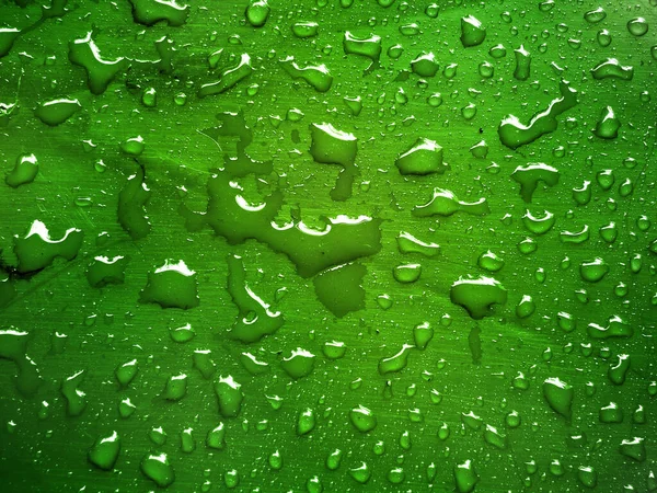 Vízcseppek Zöld Fémfelületen — Stock Fotó