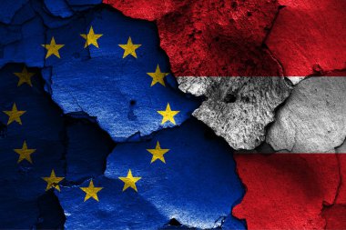 Kırık duvarda AB ve Avusturya bayrakları