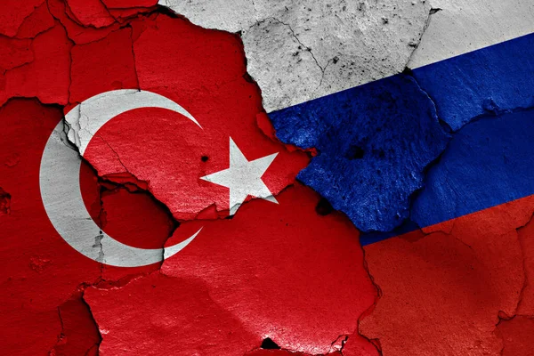 Flags Turkey Russia Painted Cracked Wall — Stock Photo, Image