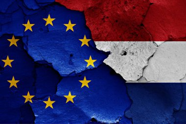 Kırık duvarda AB ve Hollanda bayrakları